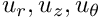 $ u_r, u_z, u_\theta $