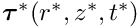 $ \bm{\tau}^*(r^*,z^*,t^*) $