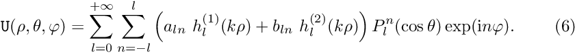 \[ {\tt U}(\rho,\theta,\varphi)= \sum_{l=0}^{+\infty}\sum_{n=-l}^{l} \left( a_{ln} \ h_{l}^{(1)}(k\rho)+ b_{ln} \ h_{l}^{(2)}(k\rho) \right)P_{l}^{n} (\cos\theta)\exp({\rm i} n \varphi). \ \ \ \ \ \ \ (6) \]