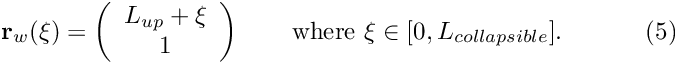 \[ {\bf r}_w(\xi) = \left( \begin{array}{c} L_{up} + \xi \\ 1 \end{array} \right) \ \ \ \ \ \ \mbox{where $\xi \in [0,L_{collapsible}].$} \ \ \ \ \ \ \ \ \ \ (5) \]