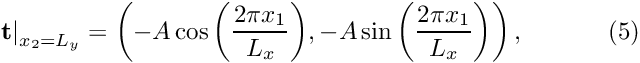 \[ \left. \mathbf{t}\right|_{x_2 = L_y}=\left(-A \cos{\left(\frac{2 \pi x_1}{L_x}\right)}, -A \sin{\left(\frac{2 \pi x_1}{L_x}\right)}\right), \ \ \ \ \ \ \ \ \ \ (5) \]