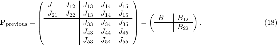 \[ \hspace{3cm} {\bf P}_{\rm previous} = \left( \begin{array}{cc|ccc} J_{11} & J_{12} & J_{13} & J_{14} & J_{15} \\ J_{21} & J_{22} & J_{13} & J_{14} & J_{15} \\ \hline & & J_{33} & J_{34} & J_{35} \\ & & J_{43} & J_{44} & J_{45} \\ & & J_{53} & J_{54} & J_{55} \\ \end{array} \right) = \left( \begin{array}{c|c} B_{11} & B_{12}\\ \hline & B_{22} \\ \end{array} \right). \hspace{3cm} (18) \]