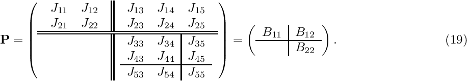 \[ {\bf P} = \left( \begin{array}{c||c} \begin{array}{cc} J_{11} & J_{12} \\ J_{21} & J_{22} \\ \end{array} & \begin{array}{ccc} J_{13} & J_{14} & J_{15} \\ J_{23} & J_{24} & J_{25} \\ \end{array} \\ \hline \hline & \begin{array}{cc|c} J_{33} & J_{34} & J_{35} \\ J_{43} & J_{44} & J_{45} \\ \hline J_{53} & J_{54} & J_{55} \\ \end{array} \end{array} \right) = \left( \begin{array}{c|c} B_{11} & B_{12}\\ \hline & B_{22} \\ \end{array} \right). \hspace{3cm} (19) \]