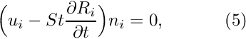 \[ \Big(u_i-St \frac{\partial R_i}{\partial t} \Big) n_i =0, \ \ \ \ \ \ \ \ \ \ (5) \]