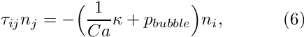 \[ \tau_{ij} n_j=- \Big( \frac{1}{Ca} \kappa+p_{bubble} \Big) n_i, \ \ \ \ \ \ \ \ \ \ (6) \]