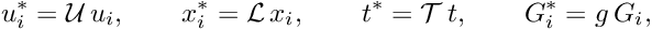 \[ u_i^* = {\cal U} \, u_i, \qquad x_i^* = {\cal L}\, x_i, \qquad t^* = {\cal T}\, t, \qquad G_i^* = g \, G_i, \]
