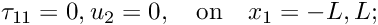 \[ \tau_{11} = 0, u_{2} = 0, \quad\mbox{on}\quad x_{1} = -L, L; \]