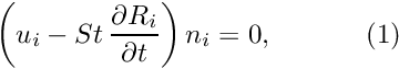 \[ \left(u_i - St\, \frac{\partial R_i}{\partial t}\right) n_i = 0, \ \ \ \ \ \ \ \ \ \ (1) \]