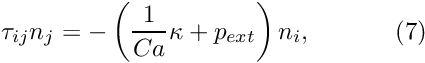 \[ \tau_{ij}n_j = - \left(\frac{1}{Ca}\kappa + p_{ext}\right) n_i, \ \ \ \ \ \ \ \ \ \ (7) \]