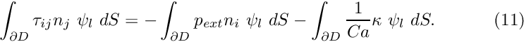 \[ \int_{\partial D} \tau_{ij} n_j \ \psi_l \ dS = - \int_{\partial D} p_{ext} n_i \ \psi_l \ dS - \int_{\partial D} \frac{1}{Ca} \kappa \ \psi_l \ dS. \ \ \ \ \ \ \ \ \ \ (11) \]