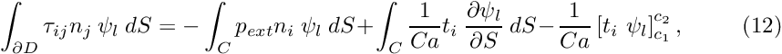 \[ \int_{\partial D} \tau_{ij} n_j \ \psi_l \ dS = - \int_C p_{ext} n_i \ \psi_l \ dS + \int_C \frac{1}{Ca} t_i \ \frac{\partial\psi_l}{\partial S} \ dS - \frac{1}{Ca} \left[ t_i \ \psi_l \right]^{c_2}_{c_1}, \ \ \ \ \ \ \ \ \ \ (12) \]