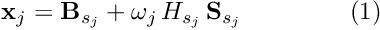 \[ {\bf x}_j = {\bf B}_{s_j} + \omega_j \, H_{s_j} \, {\bf S}_{s_j} \ \ \ \ \ \ \ \ \ \ \ \ \ (1) \]