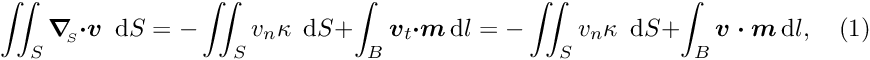 \[ \int\!\!\!\int_{S} \mbox{\boldmath$\nabla$}_{\!\!_S} \mbox{\boldmath$\cdot v$}\,\mbox{ d}S = - \int\!\!\!\int_{S} v_{n} \kappa\,\mbox{ d}S + \int_{B} \mbox{\boldmath$v$}_{t} \mbox{\boldmath$\cdot m$}\,\mbox{d} l = - \int\!\!\!\int_{S} v_{n} \kappa\,\mbox{ d}S + \int_{B} \mbox{\boldmath$v\cdot m$}\,\mbox{d} l, \quad (1) \]