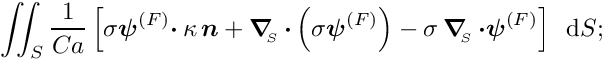 \[ \int\!\!\!\int_{S} \frac{1}{Ca} \left[\sigma \mbox{\boldmath$\psi$}^{(F)} \mbox{\boldmath$\cdot$}\, \kappa \, \mbox{\boldmath$n$} + \mbox{\boldmath$\nabla$}_{\!\!_{S}}\, \mbox{\boldmath$\cdot$}\left(\sigma \mbox{\boldmath$\psi$}^{(F)} \right) - \sigma\, \mbox{\boldmath$\nabla$}_{\!\!_{S}}\,\mbox{\boldmath$\cdot\psi$}^{(F)} \right]\, \mbox{ d}S; \]