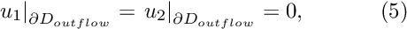 \[ \left. u_1\right|_{\partial D_{outflow}}= \left. u_2\right|_{\partial D_{outflow}}=0, \ \ \ \ \ \ \ \ \ \ (5) \]