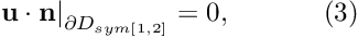 \[ \left. \mathbf{u}\cdot\mathbf{n}\right|_{\partial D_{sym[1,2]}}=0, \ \ \ \ \ \ \ \ \ \ (3) \]