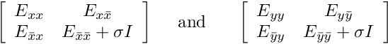 \[ \left[ \begin{array}{cc} E_{xx}&E_{x\bar{x}}\\ E_{\bar{x}x}&E_{\bar{x}\bar{x}}+\sigma I\\ \end{array} \right] \mbox{\ \ \ \ and\ \ \ \ \ } \left[ \begin{array}{cc} E_{yy}&E_{y\bar{y}}\\ E_{\bar{y}y}&E_{\bar{y}\bar{y}}+\sigma I\\ \end{array} \right] \]