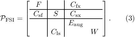 \[ {\cal P}_{\rm FSI}=\left[ \begin{array}{c|c|cc} F& &C_{\rm fx}&\\ \hline C_{\rm sf}&S&C_{\rm sx}&\\ \hline &&E_{\rm aug}&\\ &C_{\rm ls}&&W \end{array} \right]. \ \ \ \ \ \ (3) \]