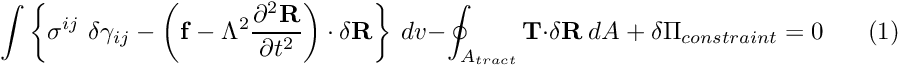 \[ \int \left\{ \sigma^{ij} \ \delta \gamma_{ij} - \left( {\bf f} - \Lambda^2 \frac{\partial^2 {\bf R}}{\partial t^2} \right) \cdot \delta {\bf R} \right\} \ dv - \oint_{A_{tract}} {\bf T} \cdot \delta {\bf R} \ dA \ + \ \delta \Pi_{constraint} = 0 \ \ \ \ \ \ \ \ (1) \]