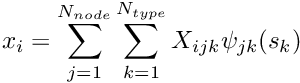 \[ x_i = \sum_{j=1}^{N_{node}} \sum_{k=1}^{N_{type}} X_{ijk} \psi_{jk}(s_k) \]