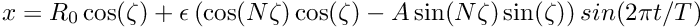 \[ x = R_0 \cos(\zeta) + \epsilon \left( \cos(N \zeta) \cos(\zeta) - A \sin(N \zeta) \sin(\zeta) \right) sin(2 \pi t/T) \]