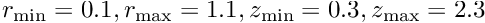 $ r_{\rm min}=0.1, r_{\rm max}=1.1, z_{\rm min}=0.3, z_{\rm max}=2.3 $