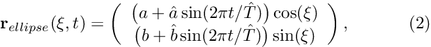 \[ \mathbf{r}_{ellipse}(\xi,t) = \left( \begin{array}{c} \big(a+\hat{a}\sin(2\pi t/\hat{T})\big) \cos(\xi) \\ \big(b+\hat{b}\sin(2\pi t/\hat{T})\big) \sin(\xi) \end{array} \right), \ \ \ \ \ \ \ \ \ \ (2) \]