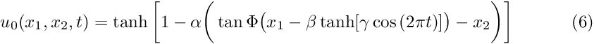 \[ u_0(x_1,x_2,t) = \tanh\bigg[1-\alpha\bigg(\tan\Phi \big(x_1-\beta\tanh[ \gamma\cos\left(2\pi t\right)]\big)- x_2\bigg)\bigg] \ \ \ \ \ \ \ \ \ \ (6) \]