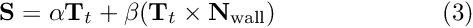 \[ {\bf S} = \alpha {\bf T}_t + \beta ( {\bf T}_t \times {\bf N}_{\rm wall} ) \ \ \ \ \ \ \ \ \ \ \ \ \ \ \ \ \ \ \ \ (3) \]