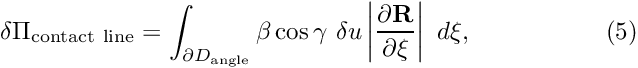 \[ \delta \Pi_{\rm contact\ line} = \int_{\partial D_{\rm angle}} \beta \cos \gamma \ \delta u \left| \frac{\partial {\bf R}}{\partial \xi}\right| \ d\xi, \ \ \ \ \ \ \ \ \ \ \ \ \ \ \ \ (5) \]